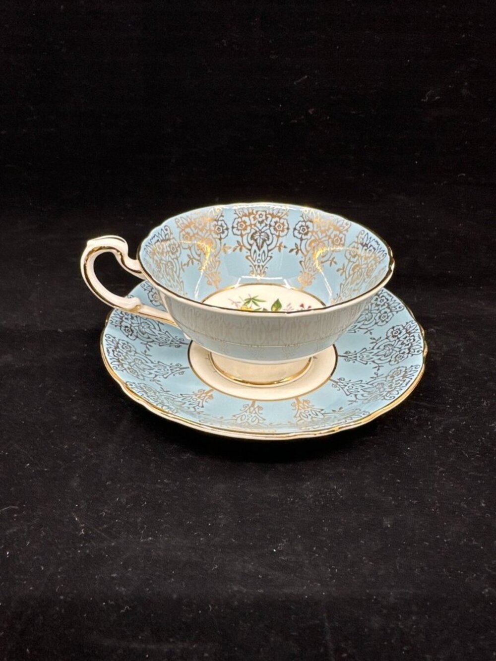 Vintage Paragon Bone China Teacup Saucer Blue Gold Floral Cabbage Rose